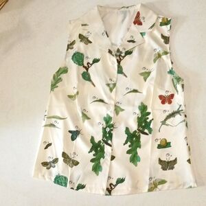 Moth Print Blouse - Green and Red Accents